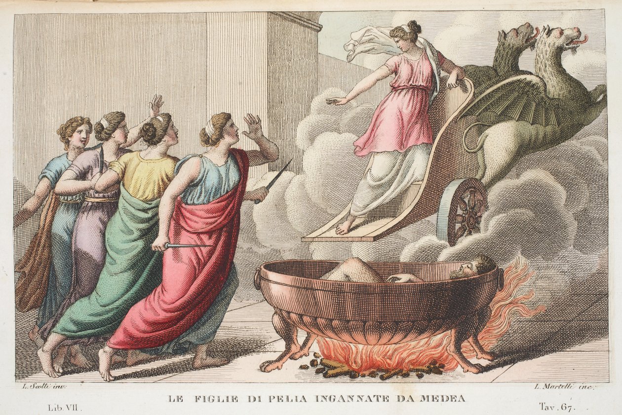Pelias se svými dcerami aneb Le Figlie di Pelia Ingannate da Medea, Kniha VII, ilustrace z Ovidiových metamorfóz, Florencie, 1832 (ručně kolorovaná rytina) od Luigi Ademollo