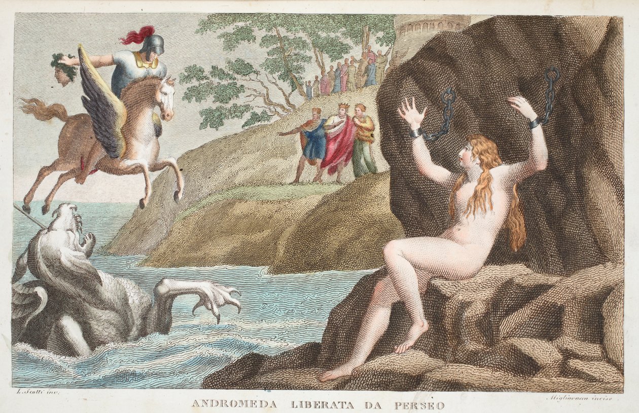 Perseus a Andromeda nebo Andromeda Liberata da Perseo, kniha IV, ilustrace z Ovidiových metamorfóz, Florencie, 1832 (ručně kolorovaná rytina) od Luigi Ademollo