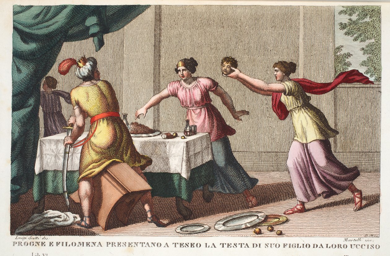 Procne, Philomela a Tereus Driven Insane nebo Progne a Filomena darují Theseovi hlavu svého syna Loro Killed, kniha VI, ilustrace z Ovidiových Metamorphoses, Florencie, 1832 (ručně kolorovaná od Luigi Ademollo