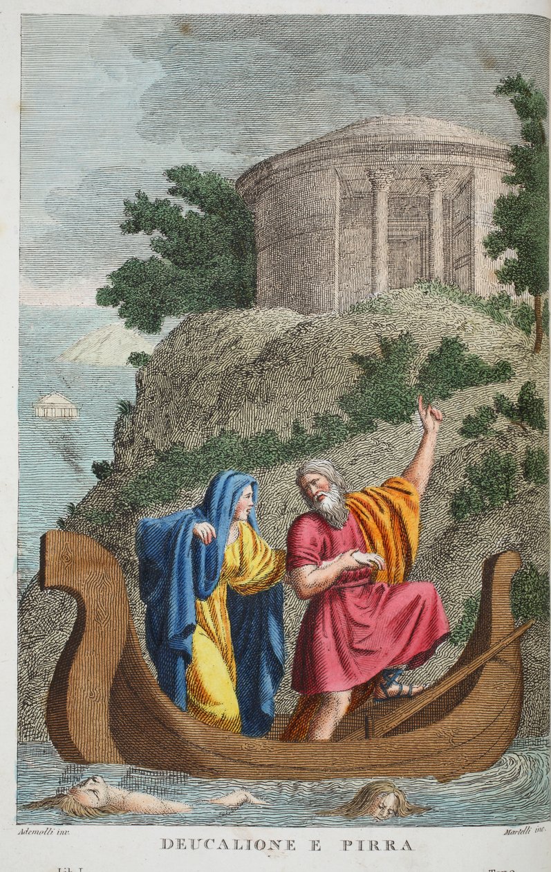 Pyrrha a Deucalion nebo Deucalione e Pirra, ilustrace z Ovidiových Metamorfóz, Florencie, 1832 (ručně kolorovaná rytina) od Luigi Ademollo
