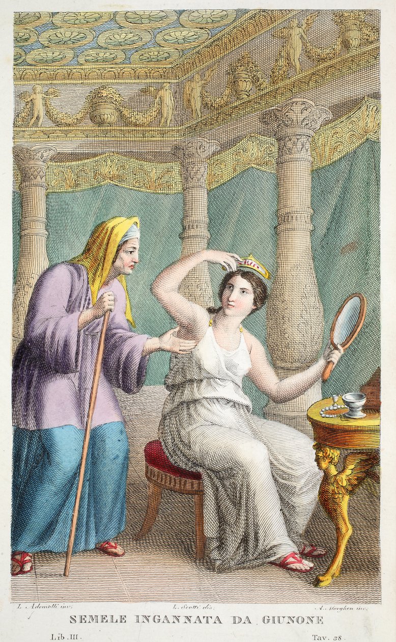Semele je podvedena nebo Semele Ingannata da Giunone, ilustrace z Ovidiových Metamorphoses, Florencie, 1832 (ručně kolorovaná rytina) od Luigi Ademollo