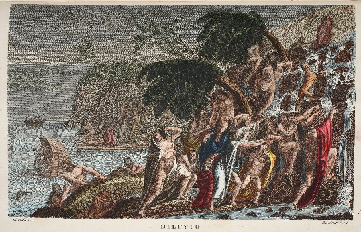 The Flood or Diluvio, Book I, ilustrace z Ovidiových Metamorphoses, Florencie, 1832 (ručně kolorovaná rytina) od Luigi Ademollo