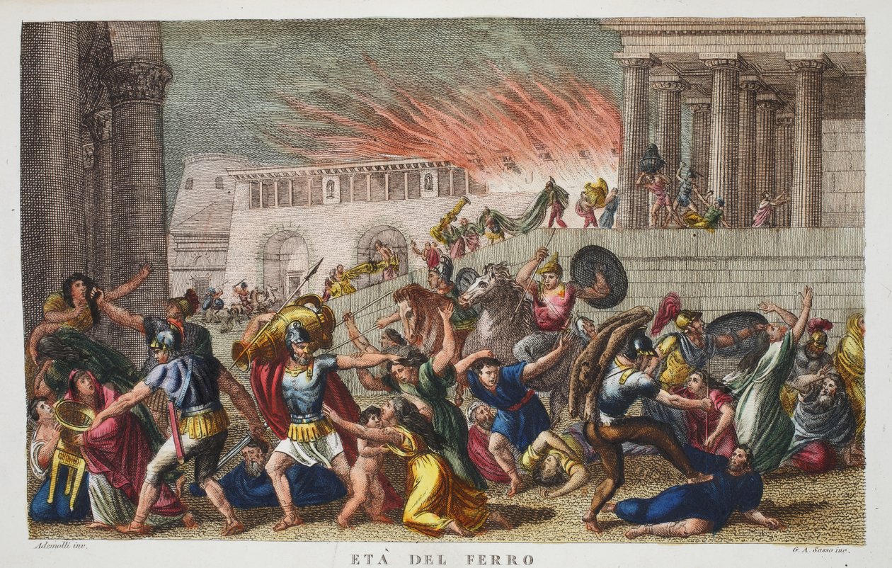 Doba železná neboli Eta del Ferro, ilustrace z Ovidiových Metamorfóz, Florencie, 1832 (ručně kolorovaná rytina) od Luigi Ademollo