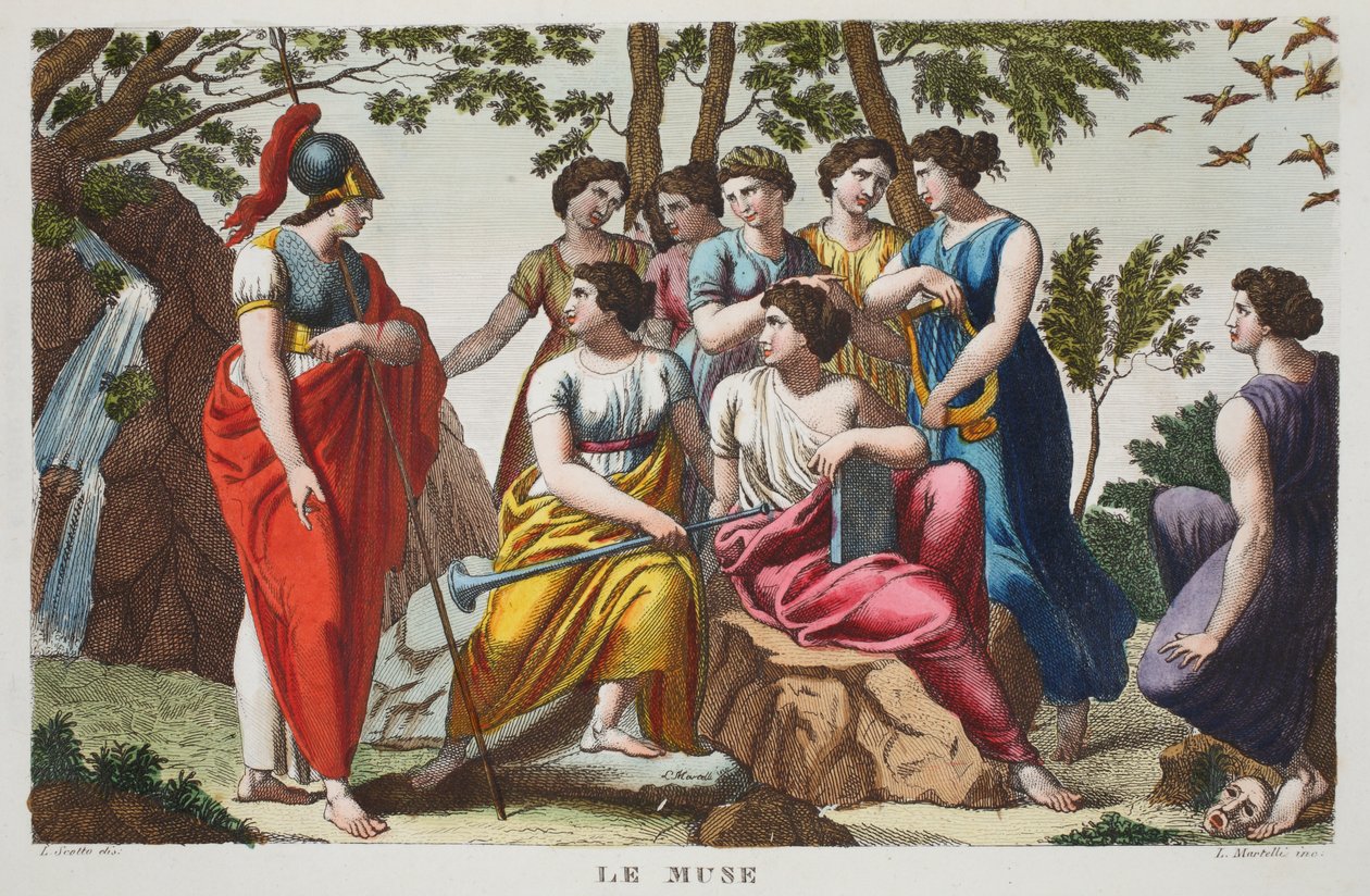 Múzy neboli Le Muse, kniha V, ilustrace z Ovidiových Metamorfóz, Florencie, 1832 (ručně kolorovaná rytina) od Luigi Ademollo