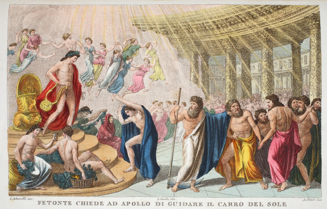 Palác slunce neboli Phaeton žádá Apolla, aby řídil sluneční vůz, Kniha II, ilustrace z Ovidiových metamorfóz, Florencie, 1832 (ručně kolorovaná rytina) od Luigi Ademollo