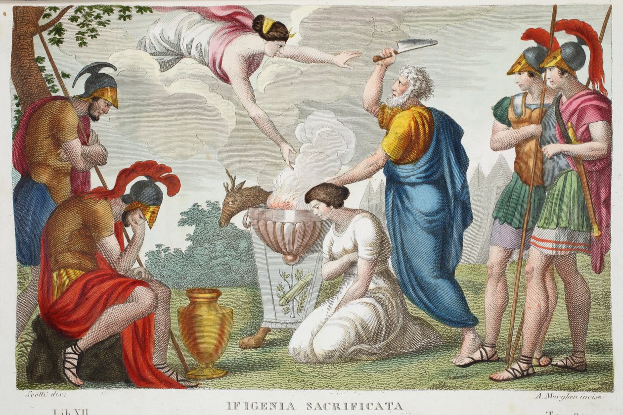 Obětování Ifigenie neboli Ifigenia Sacrificata, kniha XII, ilustrace z Ovidiových Metamorfóz, Florencie, 1832 (ručně kolorovaná rytina) od Luigi Ademollo