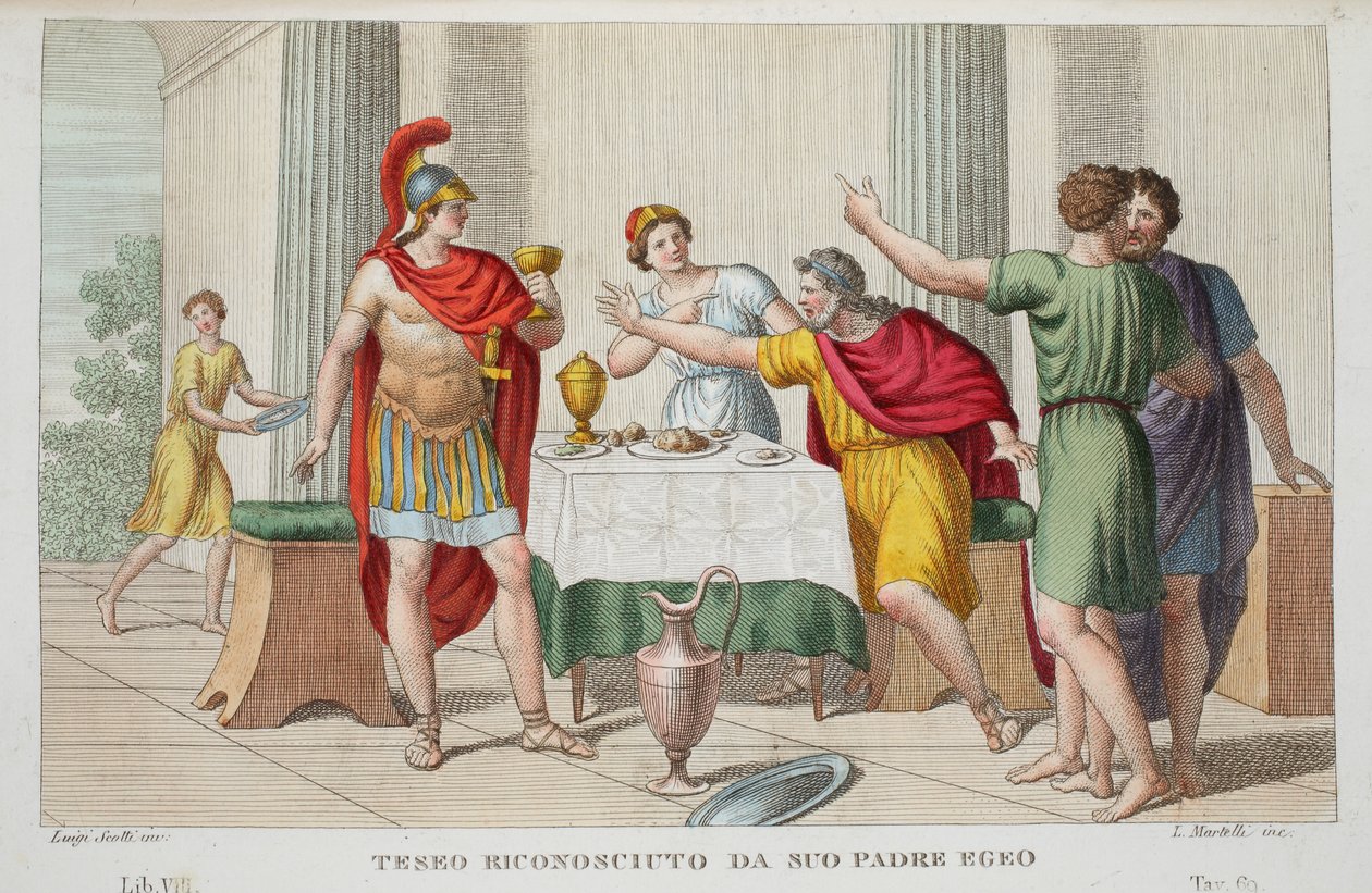 Theseus Recognised aneb Teseo Riconosciuto da Suo Padre Egeo, kniha VII, ilustrace z Ovidiových Metamorfóz, Florencie, 1832 (ručně kolorovaná rytina) od Luigi Ademollo