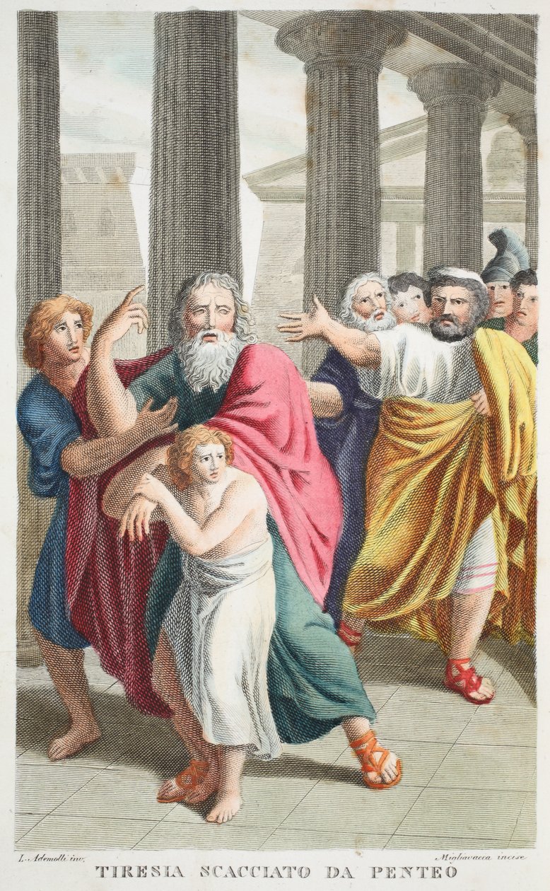 Tiresias propuštěný Pentheem nebo Tirenia Scacciato da Penteo, kniha III, ilustrace z Ovidiových Metamorfóz, Florencie, 1832 (ručně kolorovaná rytina) od Luigi Ademollo