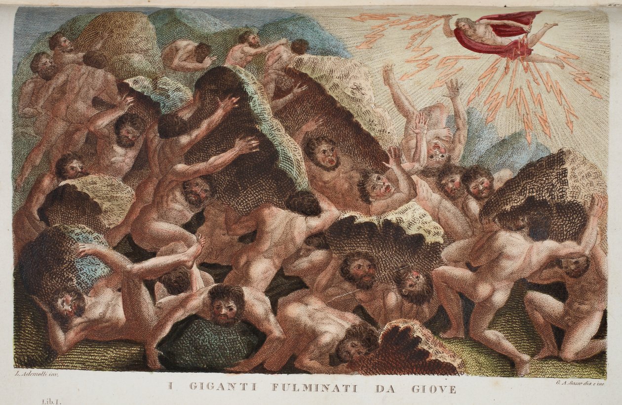 Válka obrů proti Jovovi aneb I Giganti Fulminati da Giove, kniha I, ilustrace z Ovidiových Metamorfóz, Florencie, 1832 (ručně kolorovaná rytina) od Luigi Ademollo
