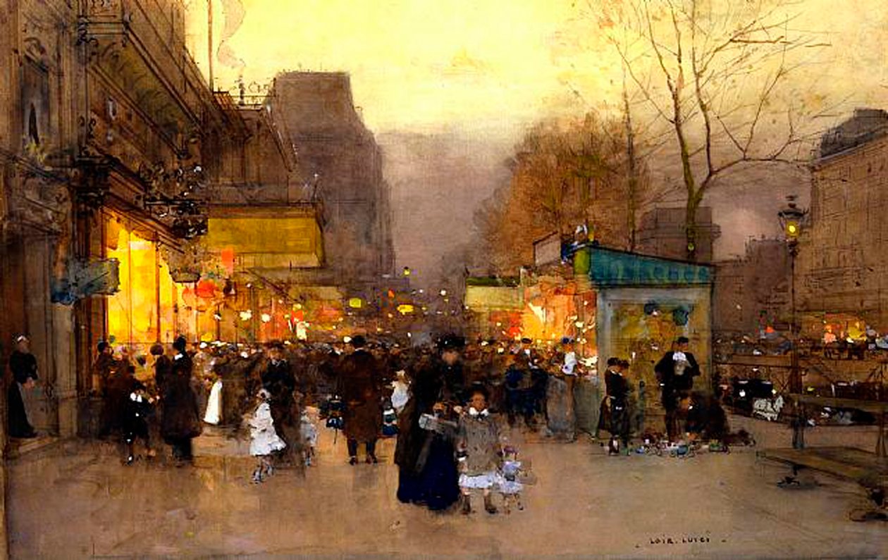 Porte St Martin v době Vánoc, Paříž, cca 1890 (tempera na panelu) od Luigi Loir
