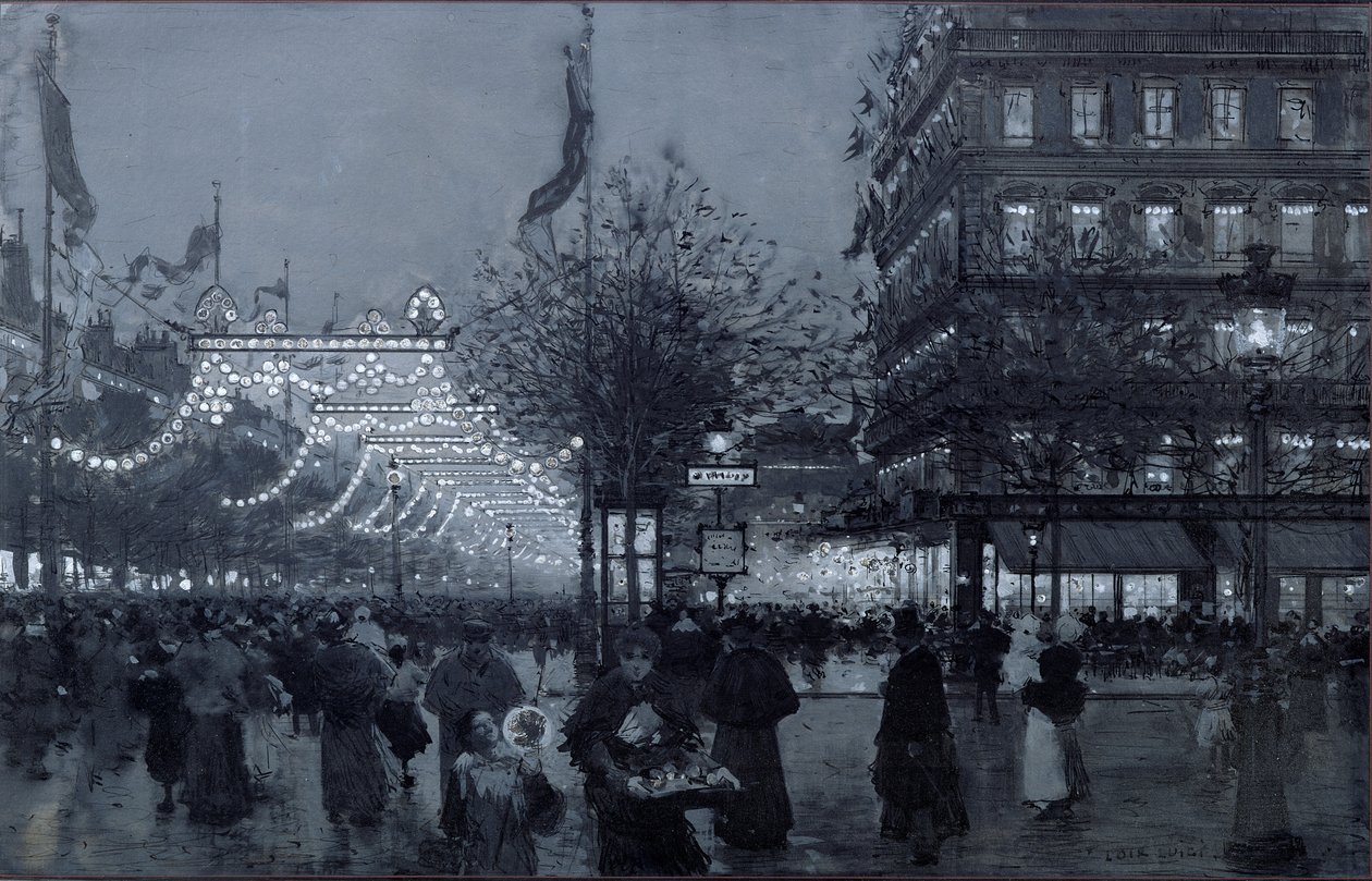 Grands Boulevards v Paříži, vyzdobené na oslavu Francouzsko-ruské aliance v říjnu 1893 (wc a kvaš na papíře) od Luigi Loir