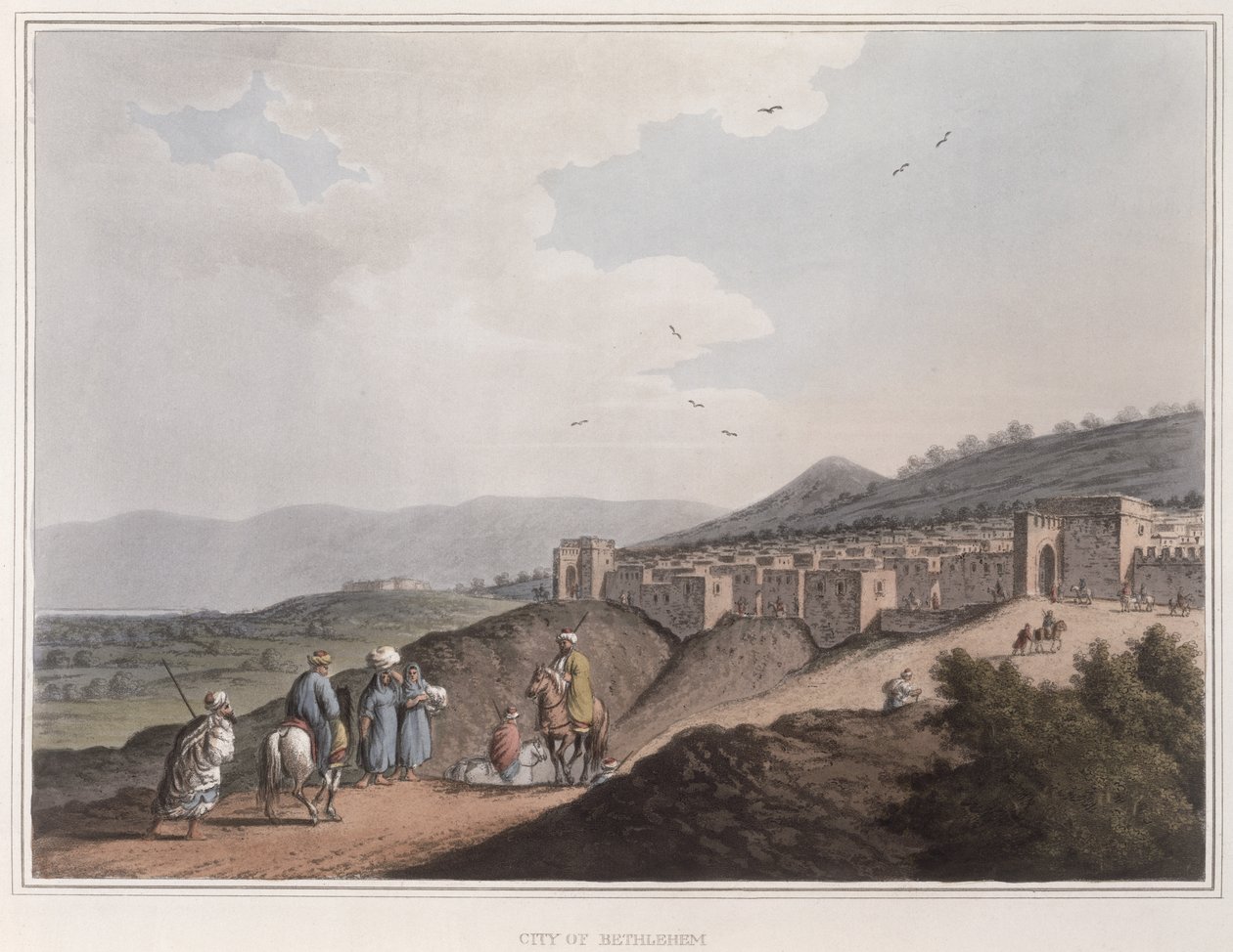 Betlém v Palestině, pohled na hlavní část města s pohořím Arábie Petraea, z „Pohledy na osmanská dominia“, 1810 (barevná akvatinta) od Luigi Mayer