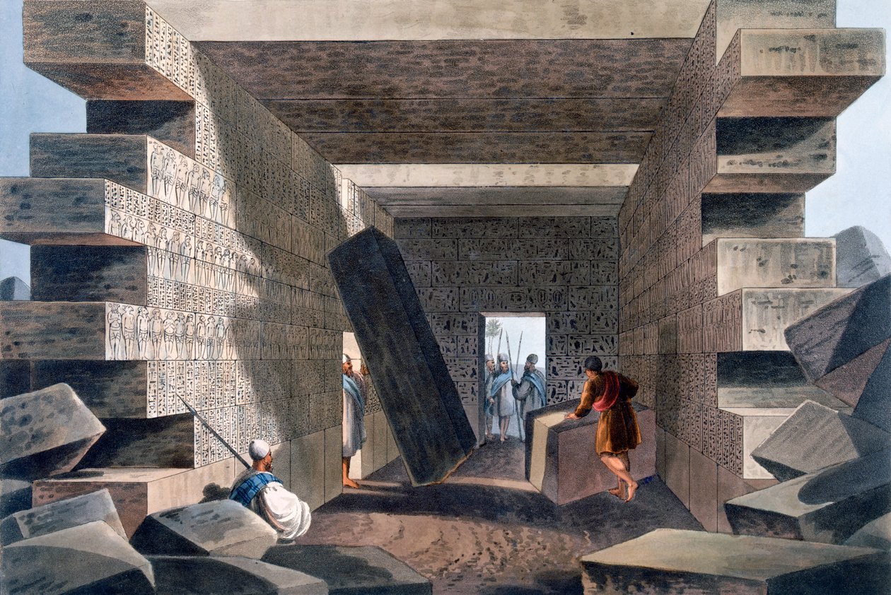 Interiér chrámu Jupitera Ammona, poblíž Alexandrie, deska 71 z „Pohledy na osmanské nadvlády“, publikované v Londýně 1810 od Luigi Mayer