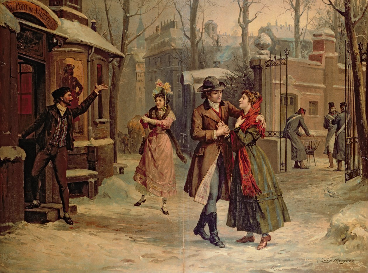 Scéna pro scénu s Mimi a Rodolfem v opeře „La Boheme“ od Giacoma Pucciniho (1858-1924) od Luigi Morgari