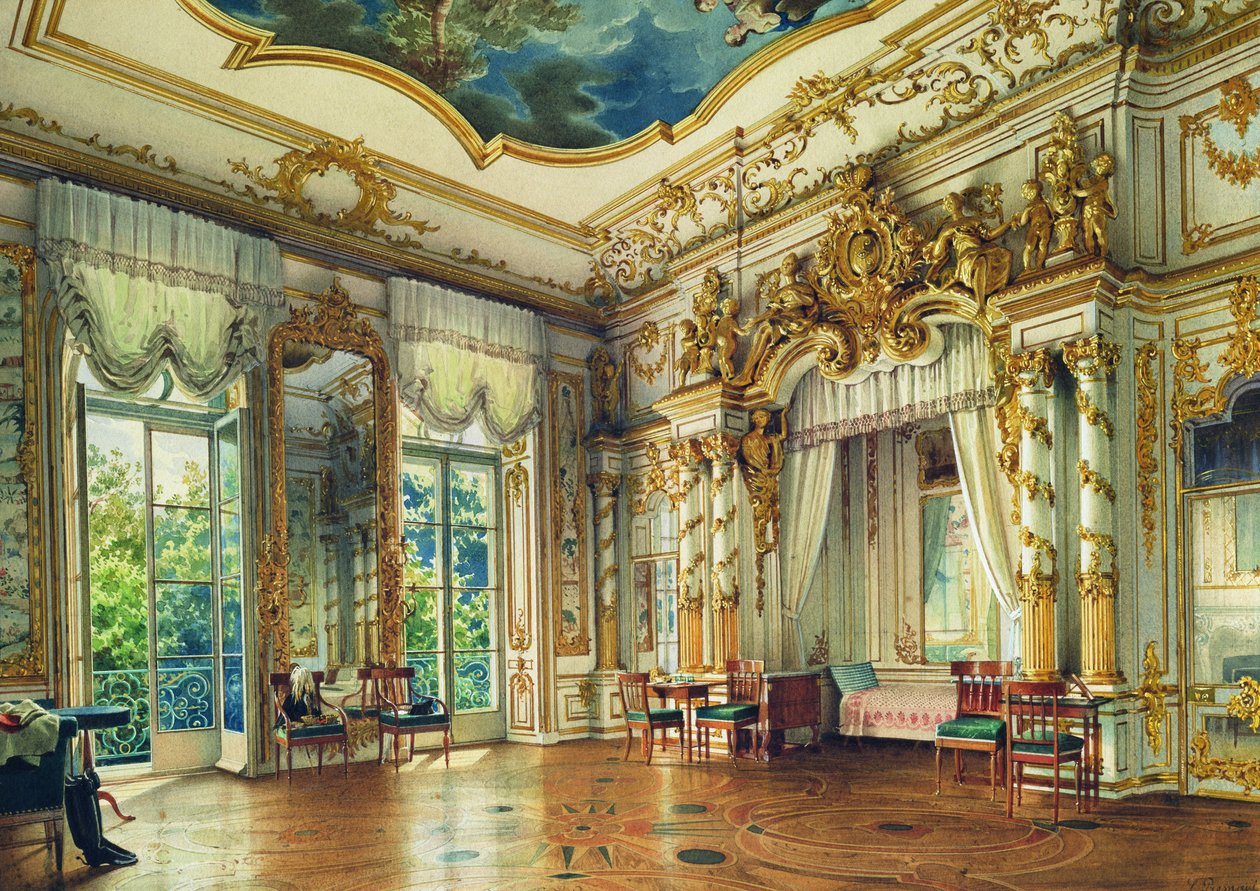 Ložnice cara Alexandra I. v Alexandrově paláci, Carskoje Selo, 1855 (wc a bílá barva na papíře) od Luigi Premazzi