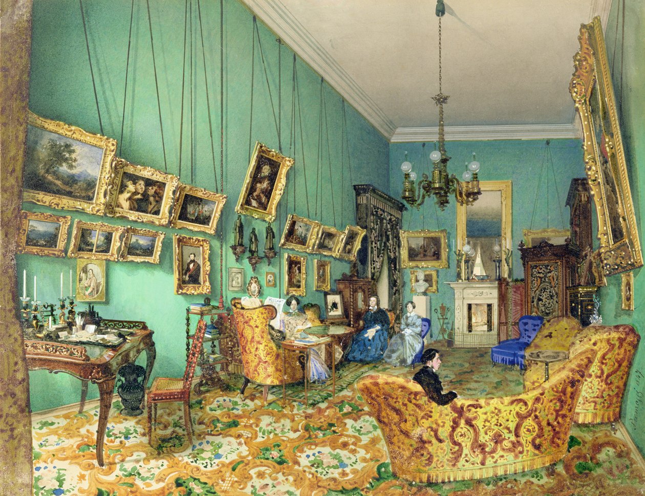 Interiér obývacího pokoje, 1847 (akvarel a bílá barva na papíře) od Luigi Premazzi