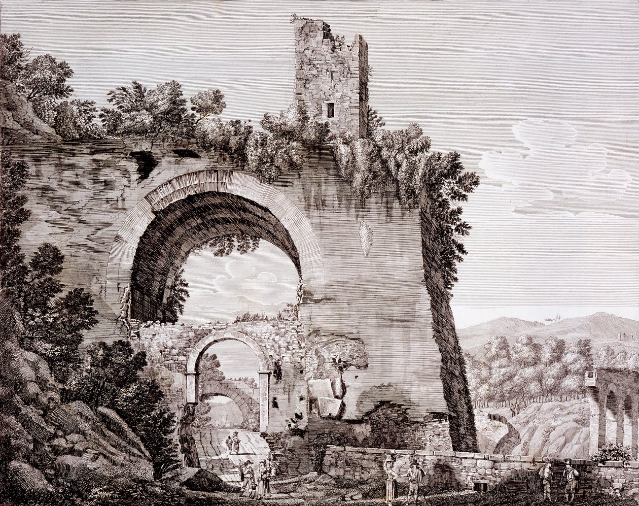 Zbytky akvaduktu postaveného Claudiem, který přiváděl vodu do starověkého Říma z Anio, poblíž Tivoli, kolem 1824-26 od Luigi Rossini