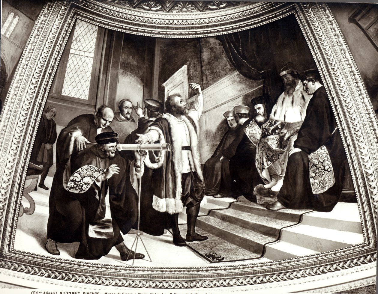 Galileo (1564-1642) představuje svůj dalekohled benátskému senátu z Procesu s Galileem od Luigi Sabatelli