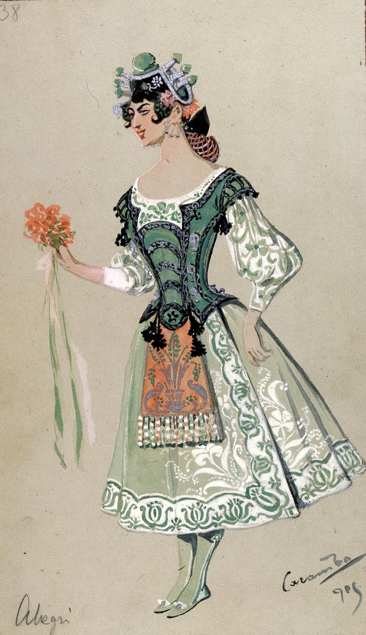 Kostýmní návrh pro Barbarinu z „Figarovy svatby“ od Wolfganga Amadea Mozarta, 1905 od Luigi Sapelli Caramba