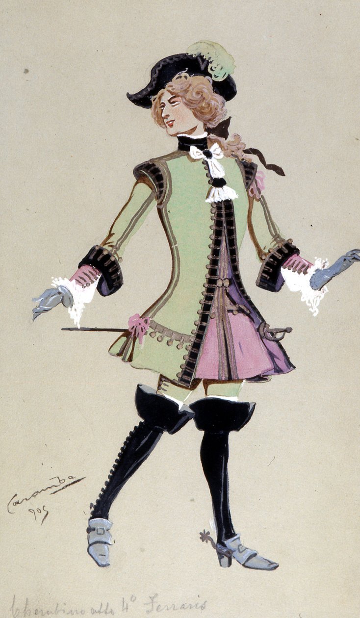 Kostýmní návrh pro Cherubina z Figarovy svatby od Wolfganga Amadea Mozarta, 1905 od Luigi Sapelli Caramba