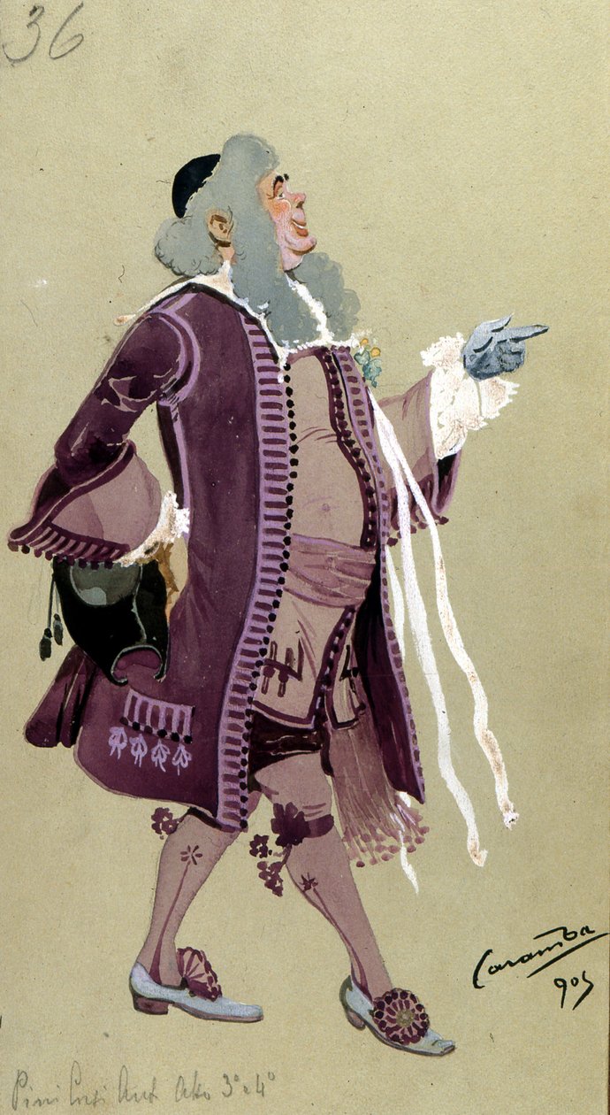Návrh kostýmů pro Dona Bartola z Figarovy svatby od Wolfganga Amadea Mozarta, 1905 od Luigi Sapelli Caramba