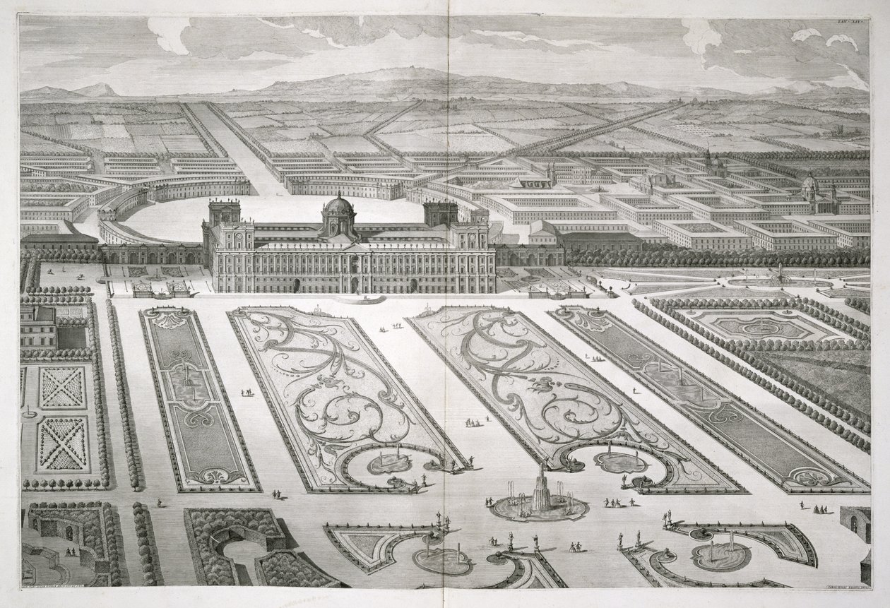 Palazzo di Caserta, z "Dichiarazione dei Disegni del Reale Palazzo di Caserta", vyryl Carlo Nolli (zemř. 1770), vydáno 1756 od Luigi Vanvitelli