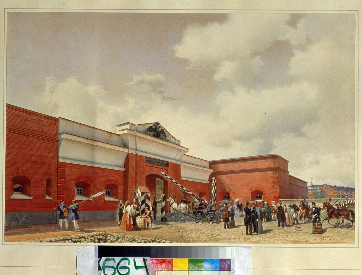 Mořská pevnost Kronštadt. Petrohradská brána. (Kronštadtská mořská pevnost. Petrohradská brána). Dílo Luigiho Premazziho (1814-1891), akvarel na papíře od Luigi Premazzi