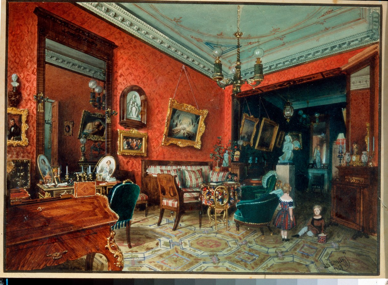 ""Obývací pokoj"" (Salle de sejour) Dvě děti hrající si v obývacím pokoji - Akvarel od Luigiho Premazziho (1814-1891), cca 1840 Soukromá sbírka od Luigi Premazzi