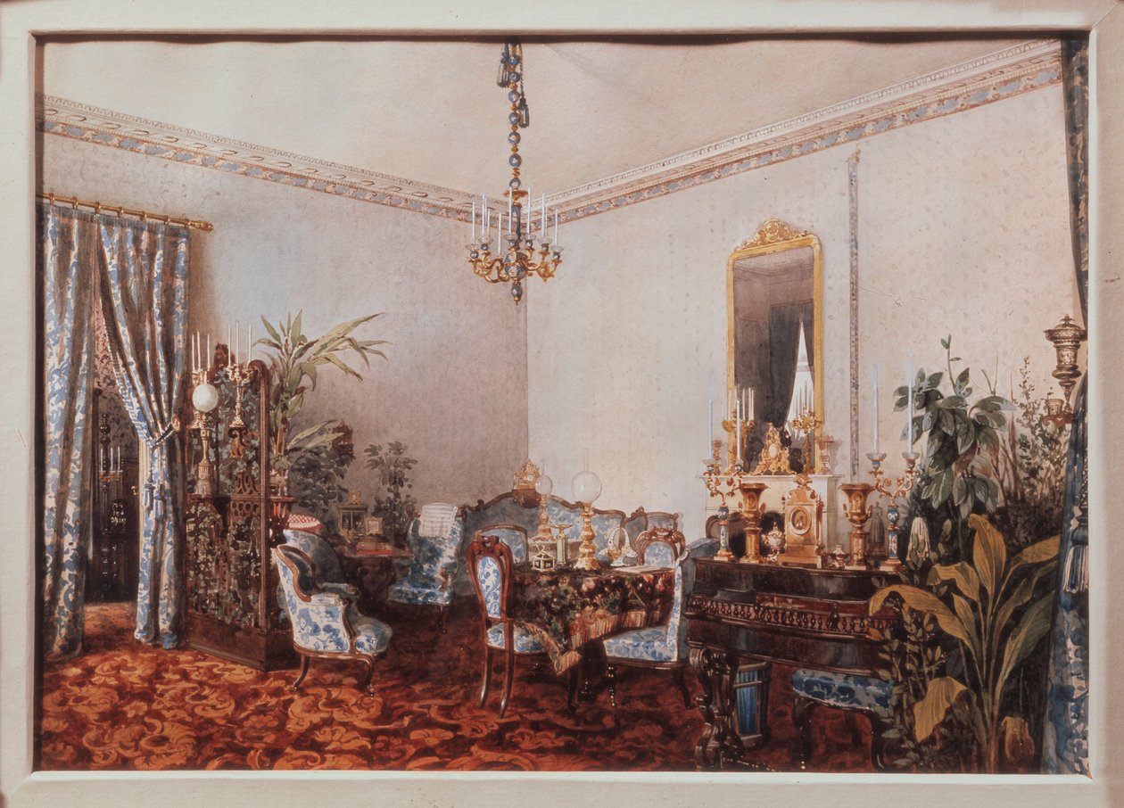 Salón v domě Varvary Obreskové. Dílo Luigiho Premazziho (1814-1891), akvarel na papíře od Luigi Premazzi