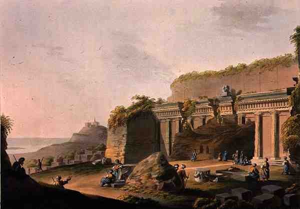 Grotto Cut in the Rock, Near Lind on Rhodos, z „Views in the Ottoman Empire“, vydané Robertem Bowyerem (1758-1834) 1803 (barevná akvatinta) od Luigi (after) Mayer