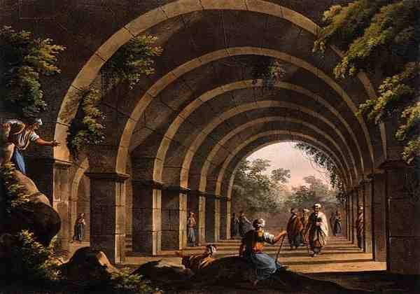 Ancient Bath at Cacamo, in Caramania, from ‚Views in the Ottoman Empire‘, vydané Robertem Bowyerem (1758-1834) 1803 (barevná akvatinta) od Luigi (after) Mayer