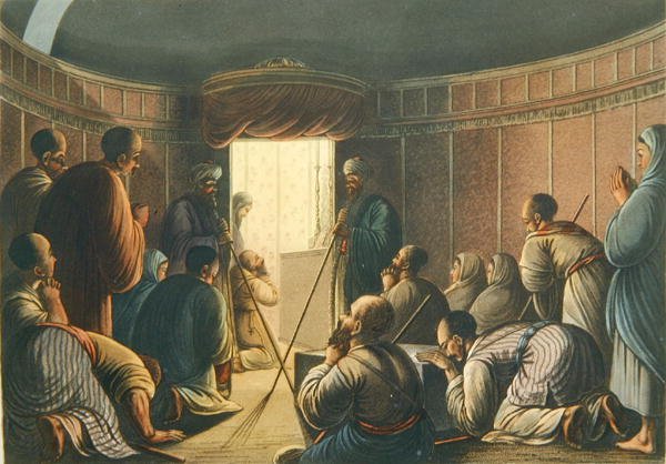 Vchod do kaple Božího hrobu, z „Pohledy v Palestině“, tištěno v Londýně 1804 (barevně lito) od Luigi (after) Mayer