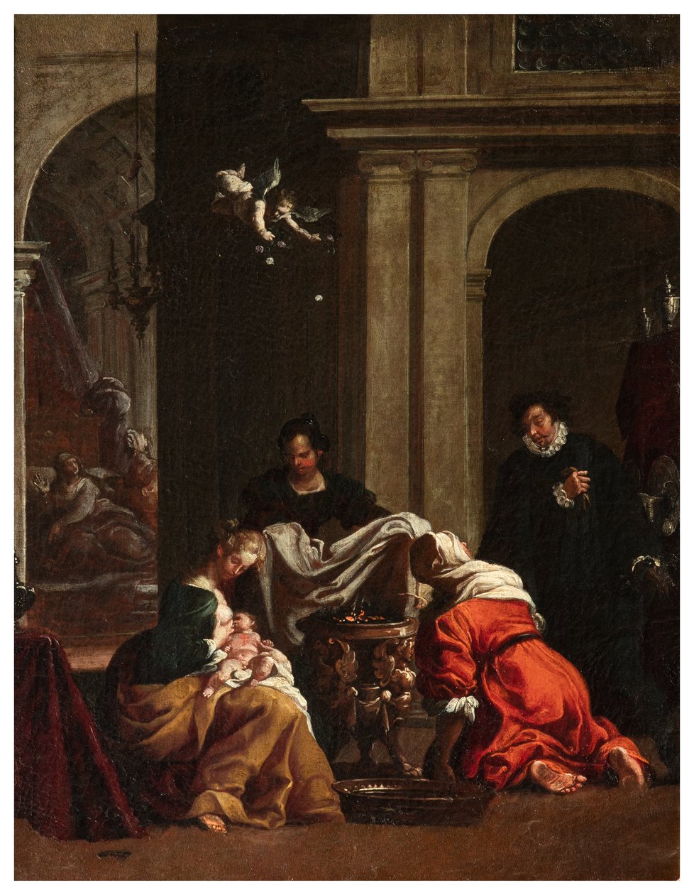 Severní transept, oltář San Rocco 1635, 45, Genovesino 1645, Narození sv. Rocca, malováno vlevo dole od Luigi Miradori