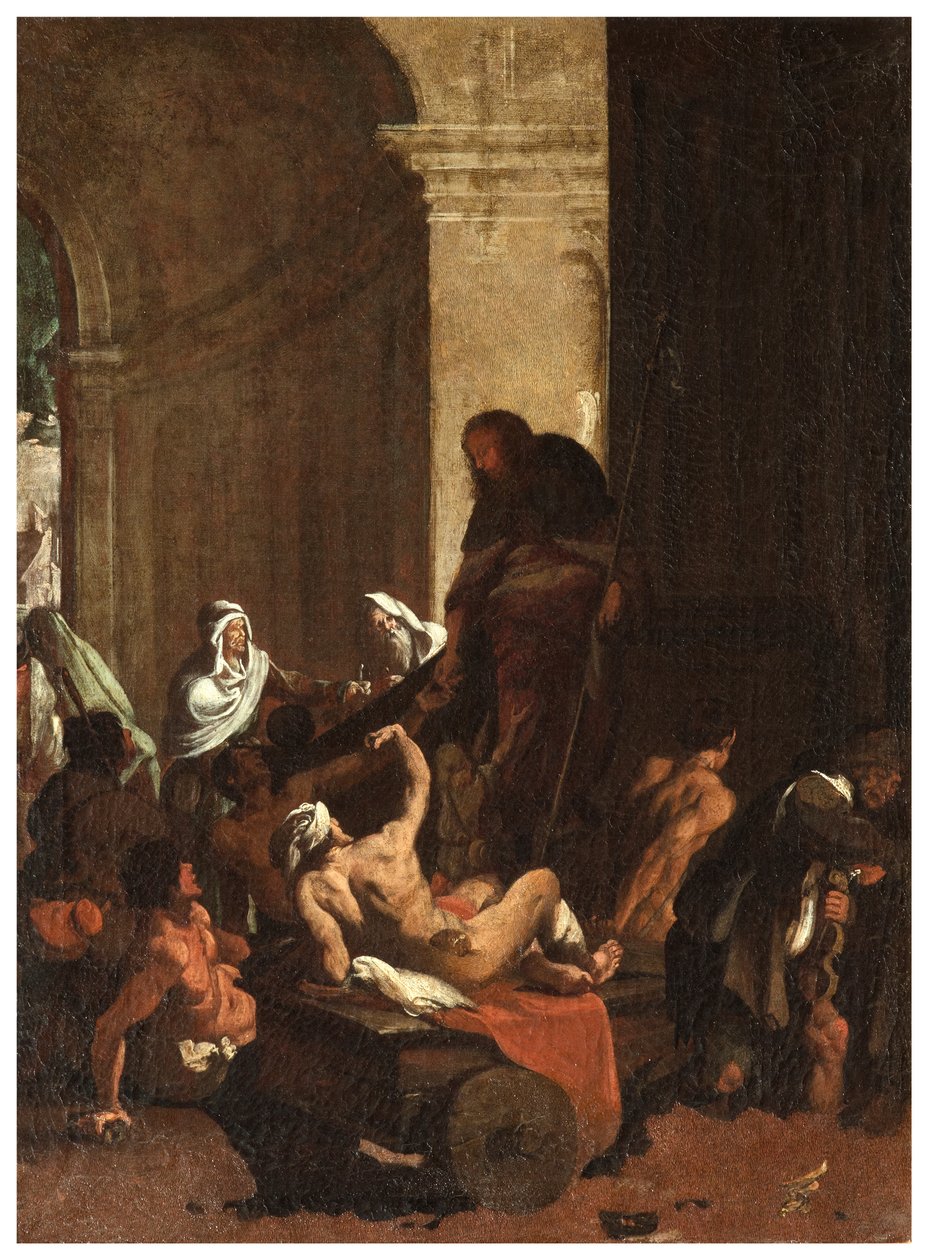 Severní transept, Oltář San Rocco 1635, 45, Genovesino 1645, Distribuce zboží chudým, Malováno vlevo dole od Luigi Miradori