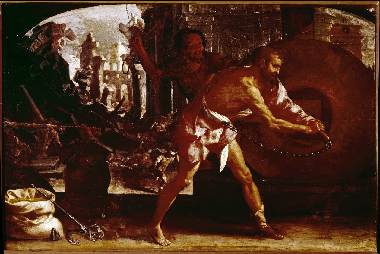 Samson a mlýnský kámen (olej na plátně, cca 1650) od Luigi Miradori