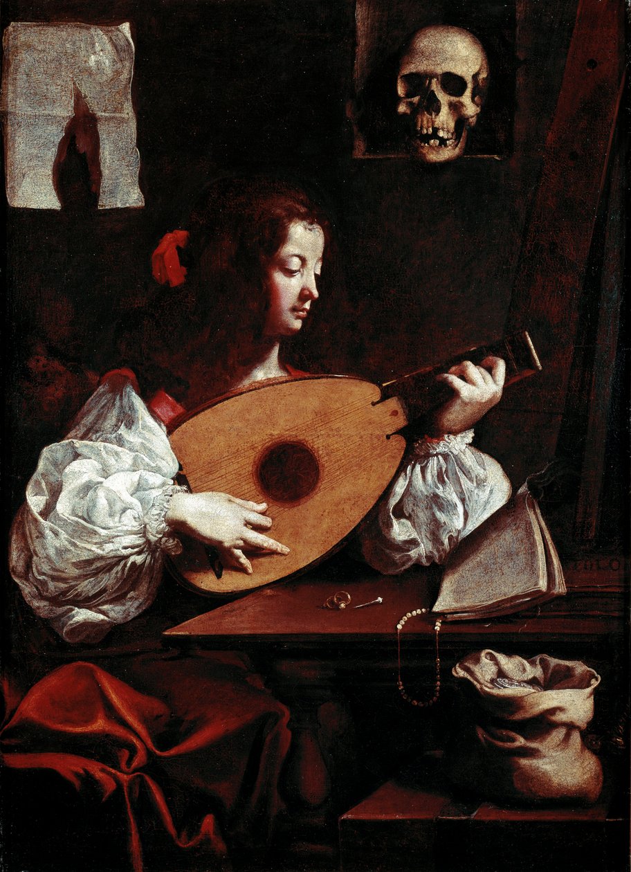 Loutnista U partitury jsou umístěny dva prsteny, na stojanu je položena špendlík a lebka (vanitas). Obraz Luigi Miradori dit Il Genovesino (1600/10-1655/57) Galleria di Palazzo Rosso Genes Itálie 17. století od Luigi Miradori