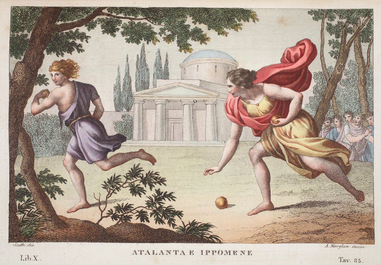 Atalanta a Hippomenes nebo Atalanta e Ippomene, Kniha X, ilustrace z Ovidiových Metamorfóz, Florencie, 1832 (ručně kolorovaná rytina) od Luigi Ademollo
