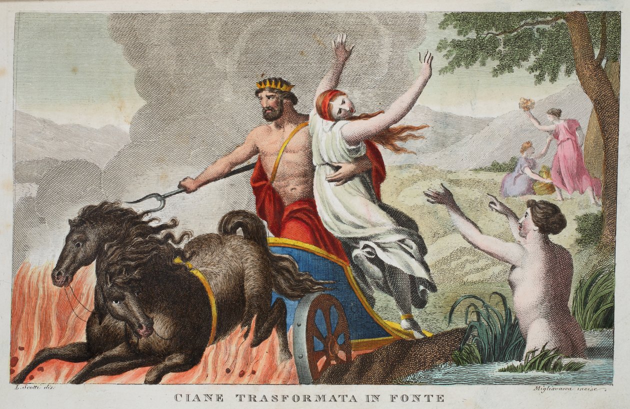 Cyane and the Rape of Proserpina nebo Ciane Transformata in Fonte, Book V, ilustrace z Ovidiových Metamorphoses, Florencie, 1832 (ručně kolorovaná rytina) od Luigi Ademollo