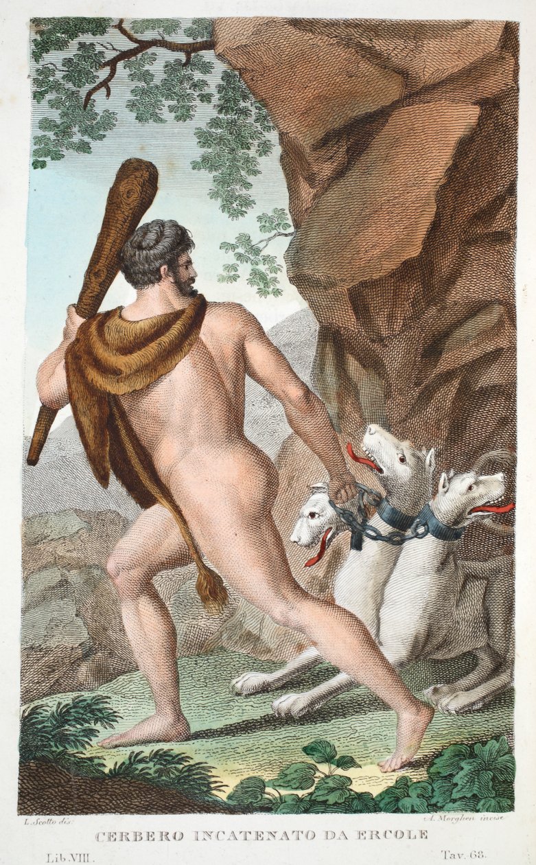 Hercules a Cerberus nebo Cerbero Incatenato da Ercole, kniha VII, ilustrace z Ovidiových metamorfóz, Florencie, 1832 (ručně kolorovaná rytina) od Luigi Ademollo