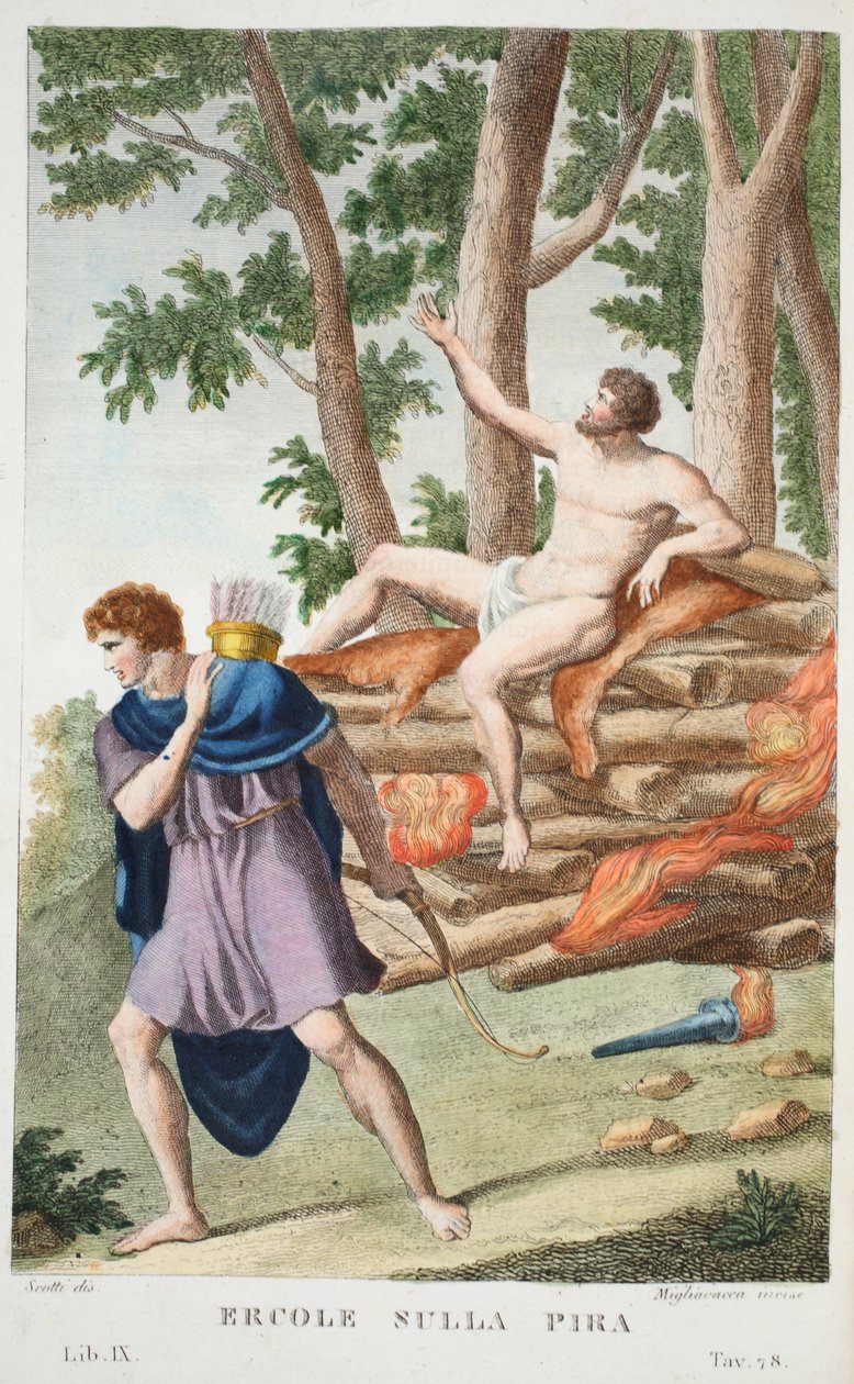 Hercules on the Pyre nebo Ercole sulla Pira, Book IX, ilustrace z Ovidiových Metamorphoses, Florencie, 1832 (ručně kolorovaná rytina) od Luigi Ademollo