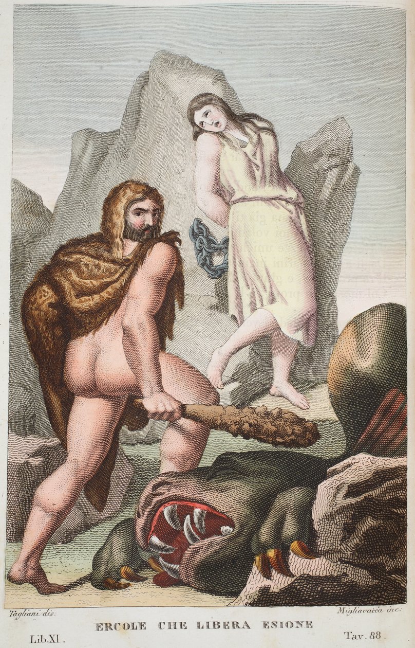 Hercules zachraňuje Hesione nebo Ercole che Libera Enione, Kniha XI, ilustrace z Ovidiových metamorfóz, Florencie, 1832 (ručně kolorovaná rytina) od Luigi Ademollo
