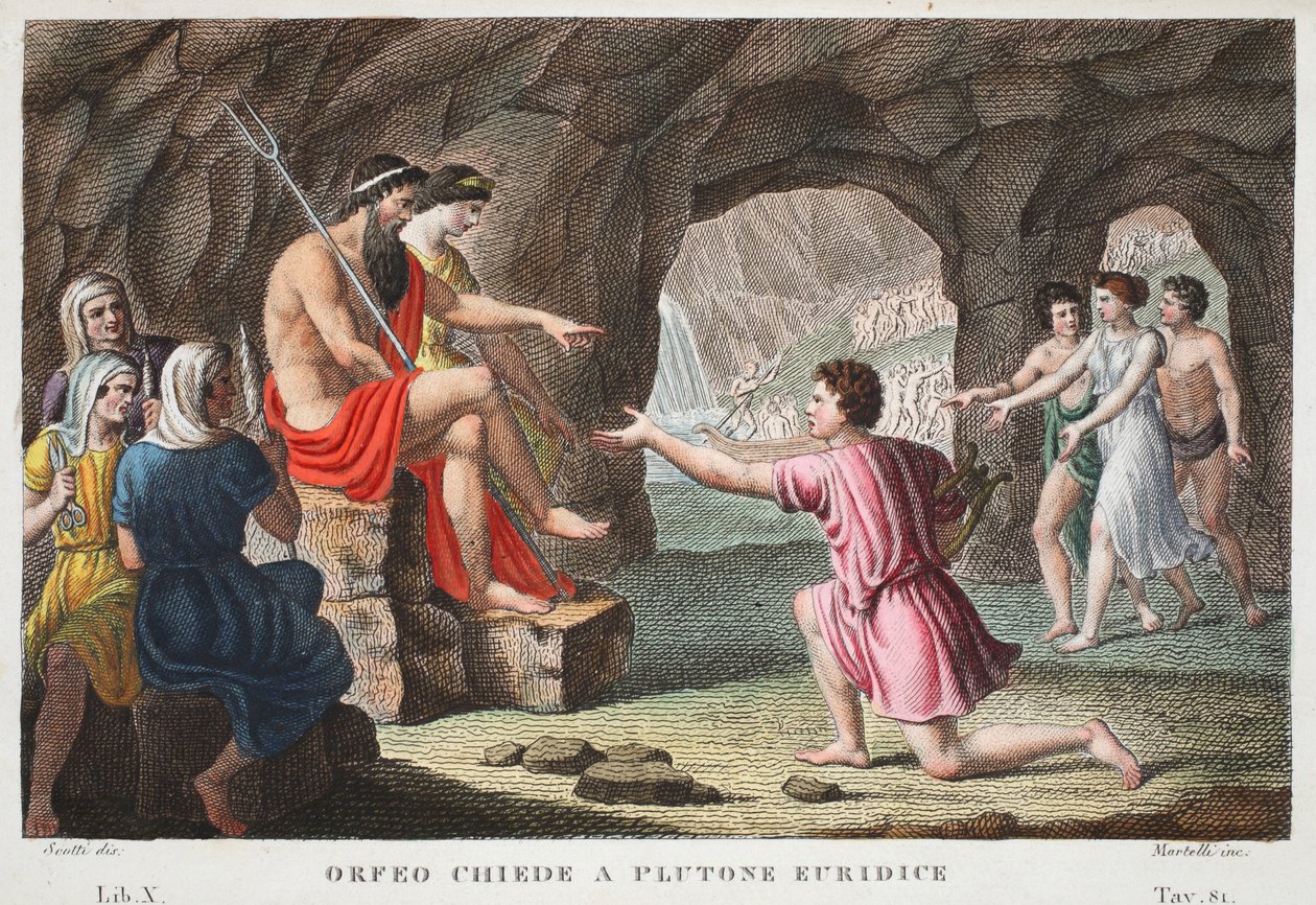 Orfeus v pekle nebo Orfeo Chiede a Pluton Euridice, kniha X, ilustrace z Ovidiových metamorfóz, Florencie, 1832 (ručně kolorovaná rytina) od Luigi Ademollo