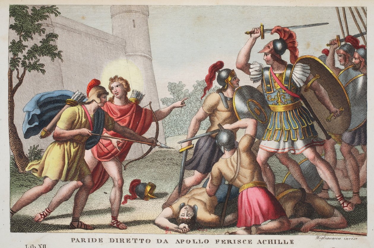 Paris Kills Achilles aneb Paride diretto da Apollo Ferince Achille, Kniha XIII, ilustrace z Ovidiových Metamorphoses, Florencie, 1832 (ručně kolorovaná rytina) od Luigi Ademollo