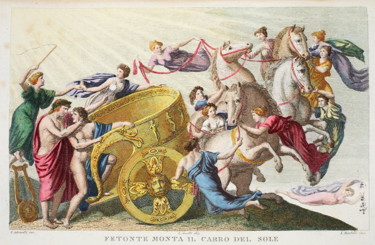 Phaeton řídí vůz Slunce nebo Fetonte Monta il Carro del Sole, Kniha II, ilustrace z Ovidiových metamorfóz, Florencie, 1832 (ručně kolorovaná rytina) od Luigi Ademollo