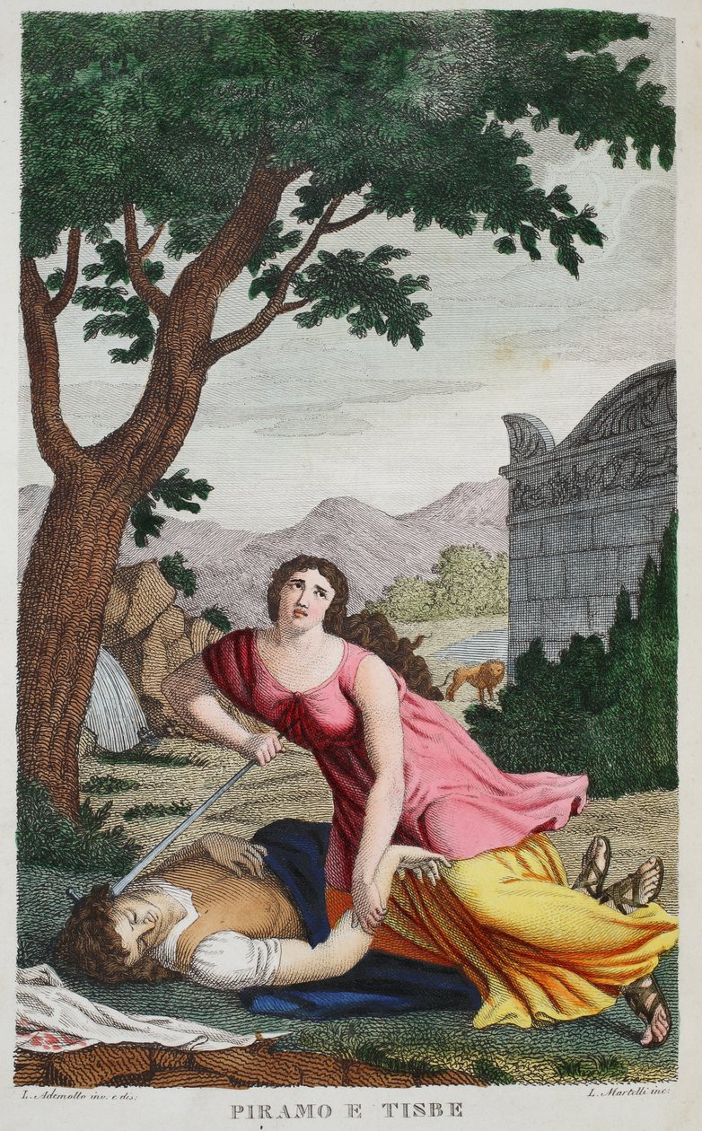 Pyramus a Thisbe nebo Piramo e Tisbe, kniha IV, ilustrace z Ovidiových Metamorfóz, Florencie, 1832 (ručně kolorovaná rytina) od Luigi Ademollo