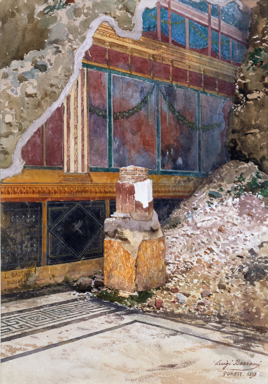 Dům stříbrné svatby, poškozená freska s girlandami, jak byla viděna in situ během vykopávek, Pompeje, 1897 od Luigi Bazzani