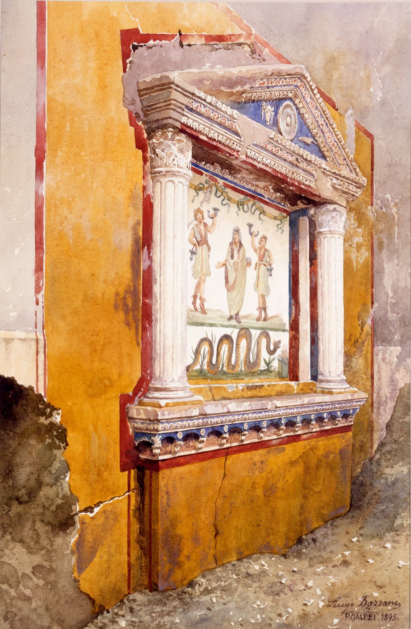 Lararium rodinného oltáře, in situ po vykopávkách, Dům Aula Vettia, Pompeje, asi 36-39 n. l., 1895 od Luigi Bazzani