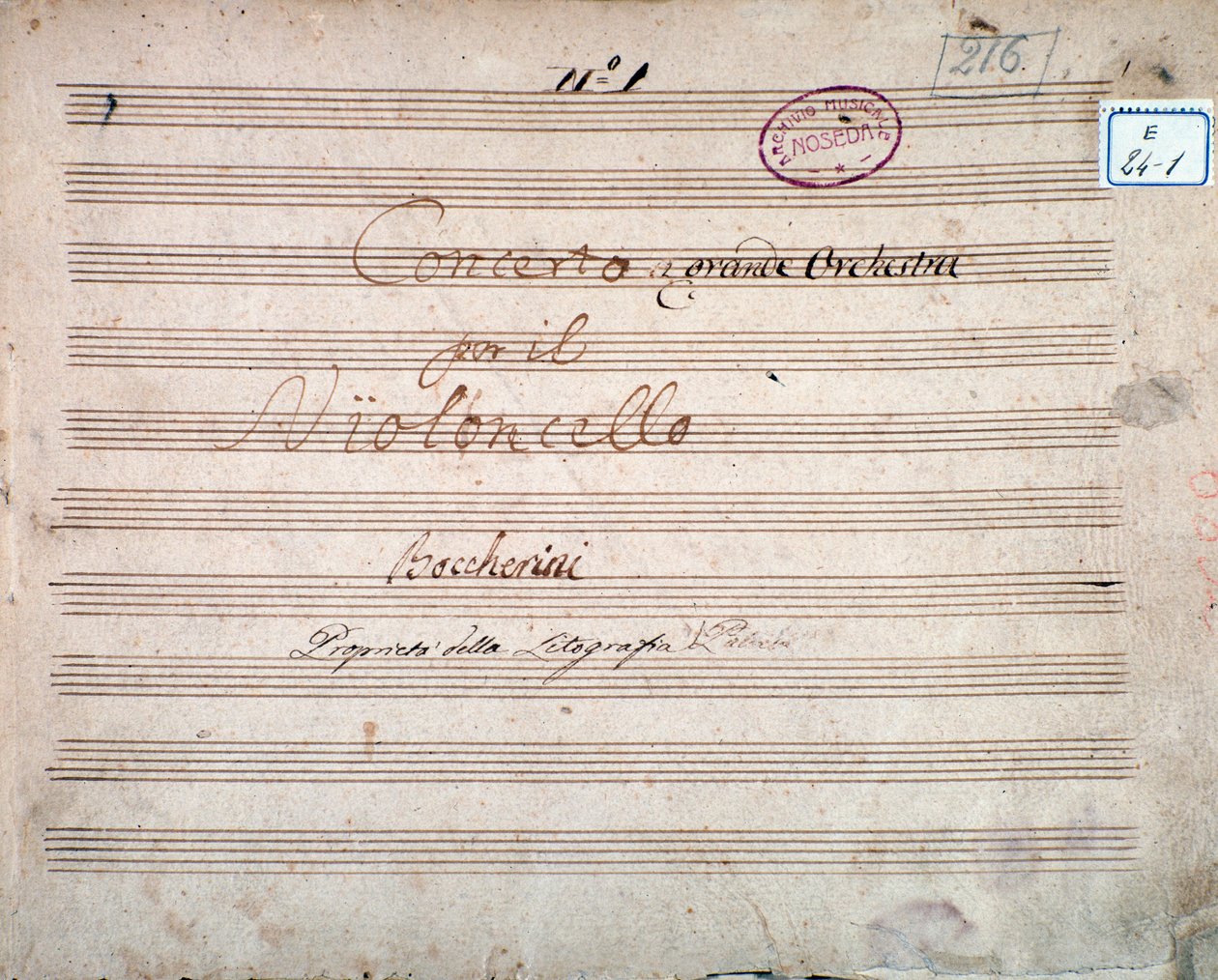 První strana podepsána autorem partitury Koncertu pro violoncello a orchestr Es, Luigi Boccherini od Luigi Boccherini