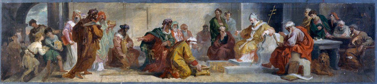 Paavi Damasus vastaanottaa persoonallisuuksia idästä, Luigi Fontana (1827-1908), valmisteleva luonnos freskoille San Lorenzo in Damason basilikassa Roomassa, Italiassa od Luigi Fontana
