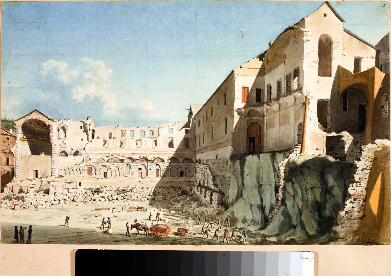 Staveniště demolice kostela a kláštera Saint Dominica v Janově (Akvarel, cca 1825) od Luigi Garibbo